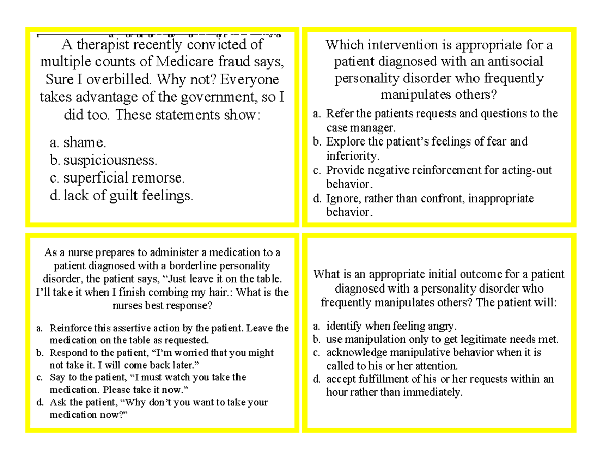 Chapter 24 Personality Disorders Which intervention is appropriate