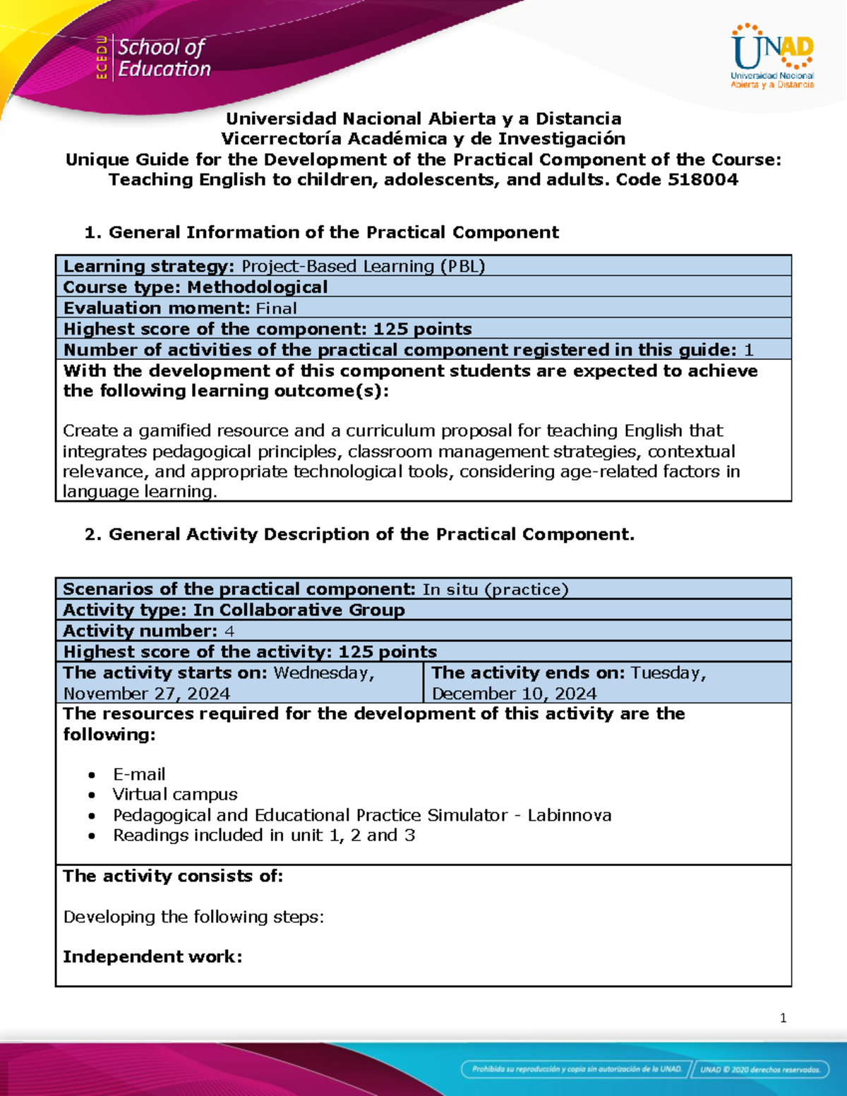 Guide for the Development of the Practical Component and Evaluation ...