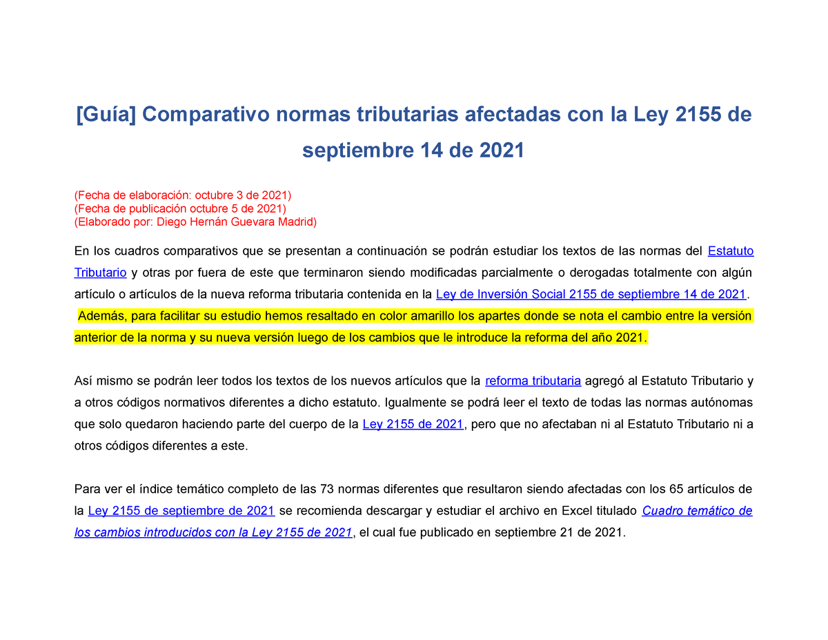 Comparativo Normas Tributarias Afectadas Con La Ley 2155 De Septiembre ...