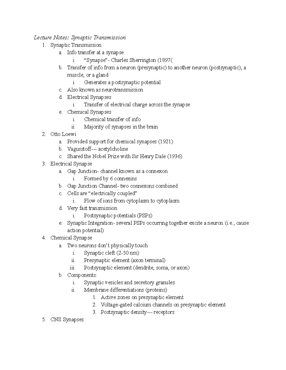 Chapter 5 Notes - Lecture Notes: Synaptic Transmission Synaptic ...