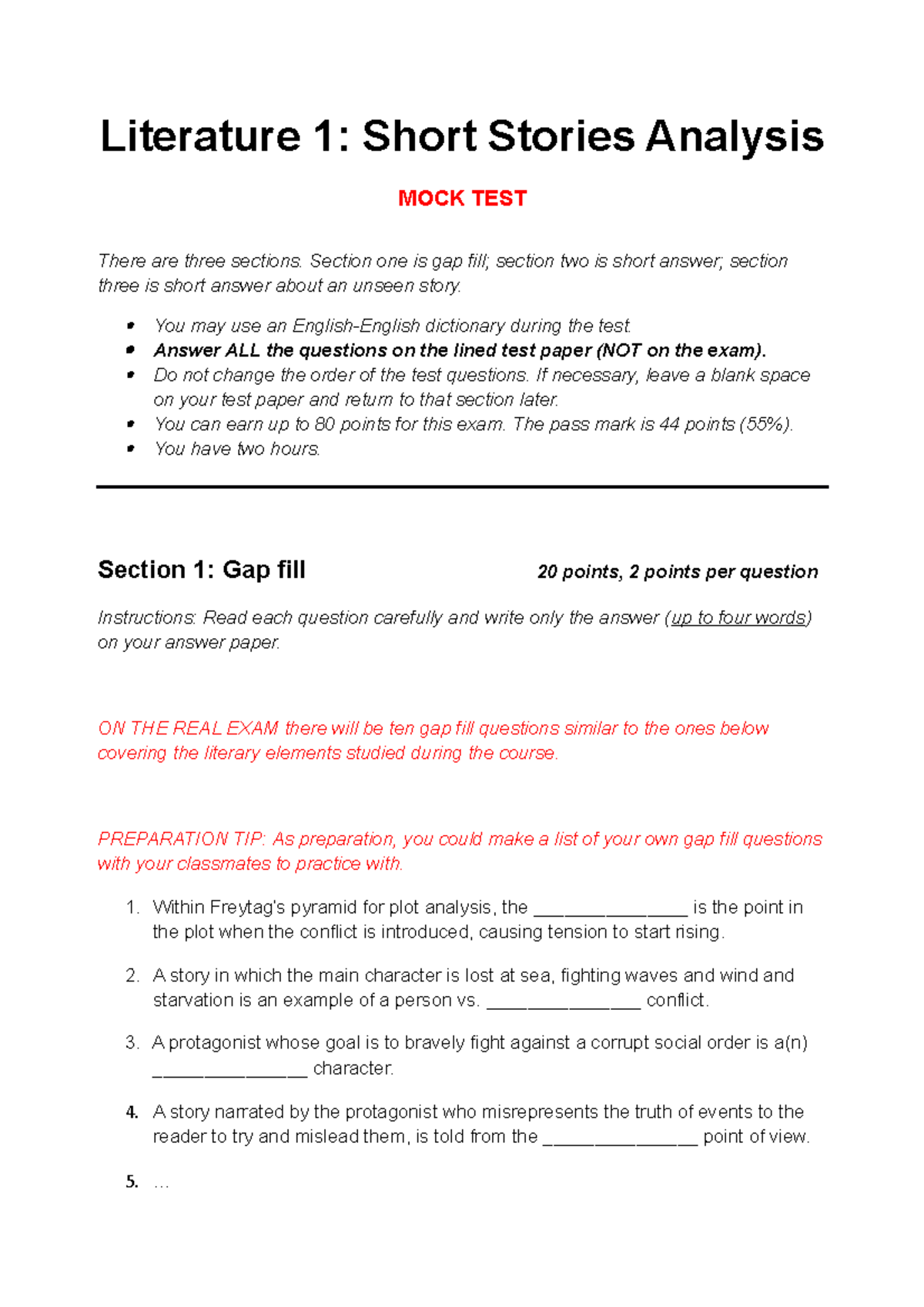 Literature 1 Mock Test 2022-2023 - Literature 1: Short Stories Analysis ...