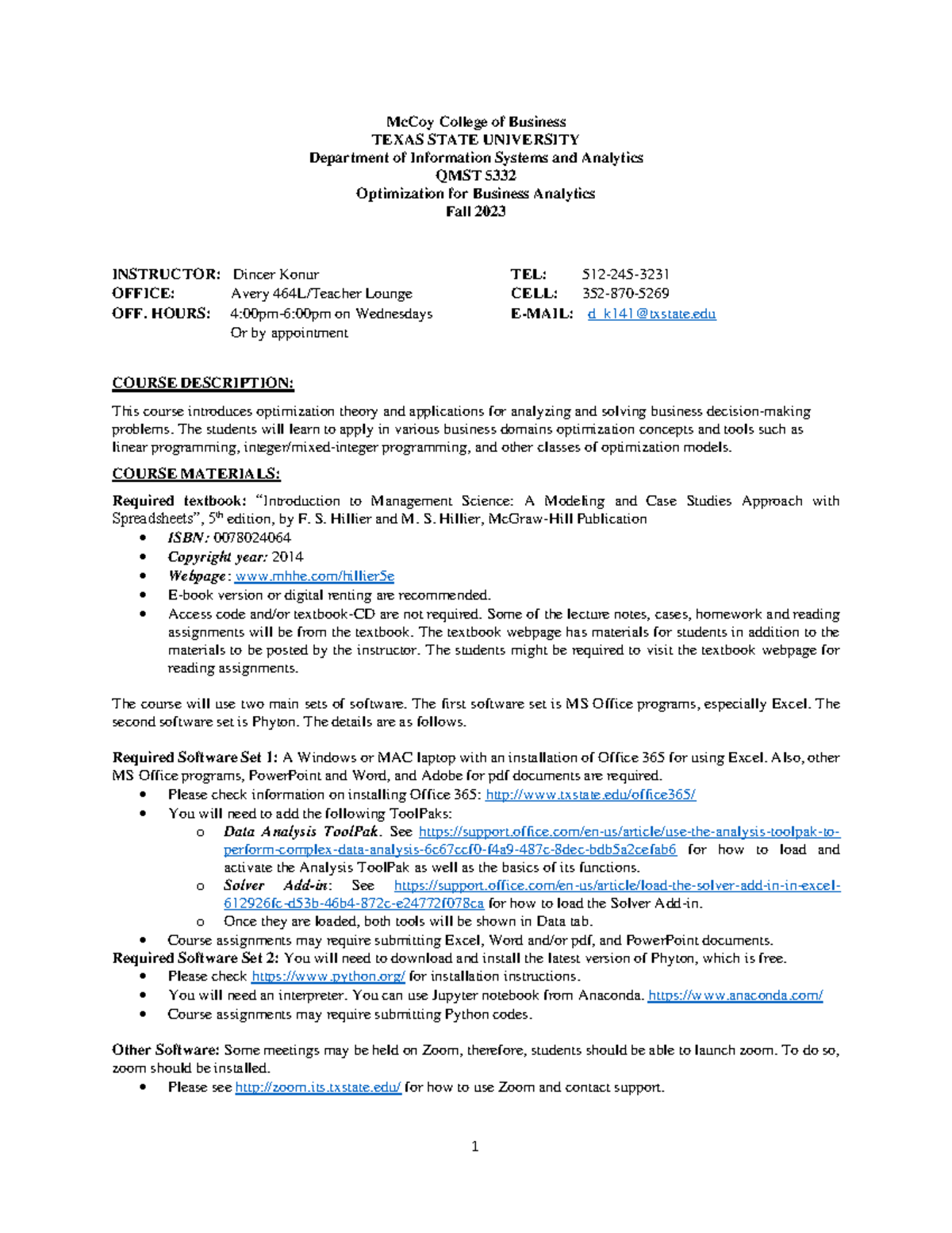 QMST 5332.002 Konur D Syllabus - McCoy College of Business TEXAS STATE ...
