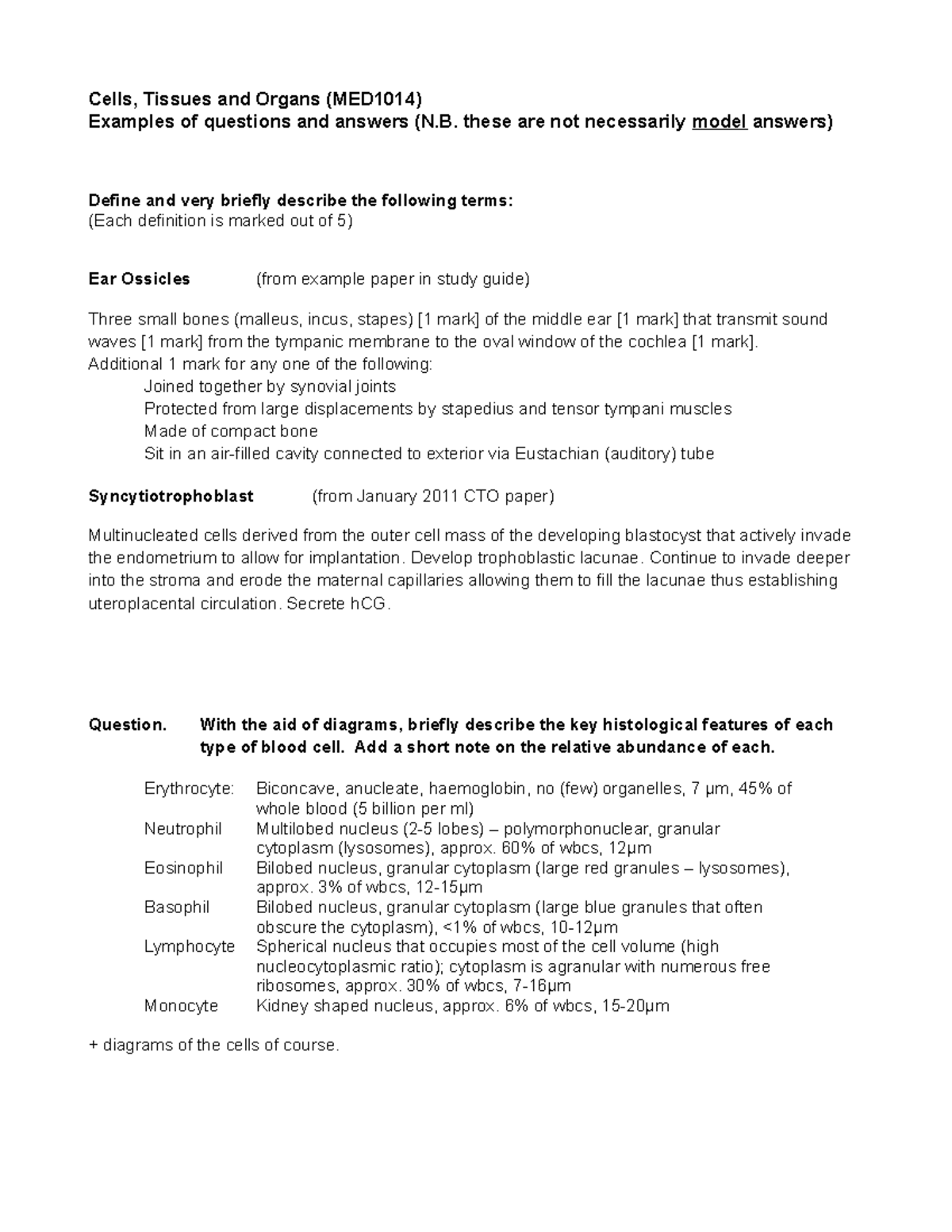 EXAM EXAM 2016, questions and answers - Cells, Tissues and Organs ...