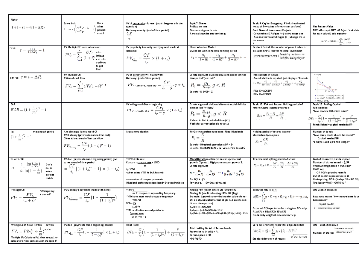 Finance-cheatsheet - Fisher Solve for i: PV of perpetuity = forever ...