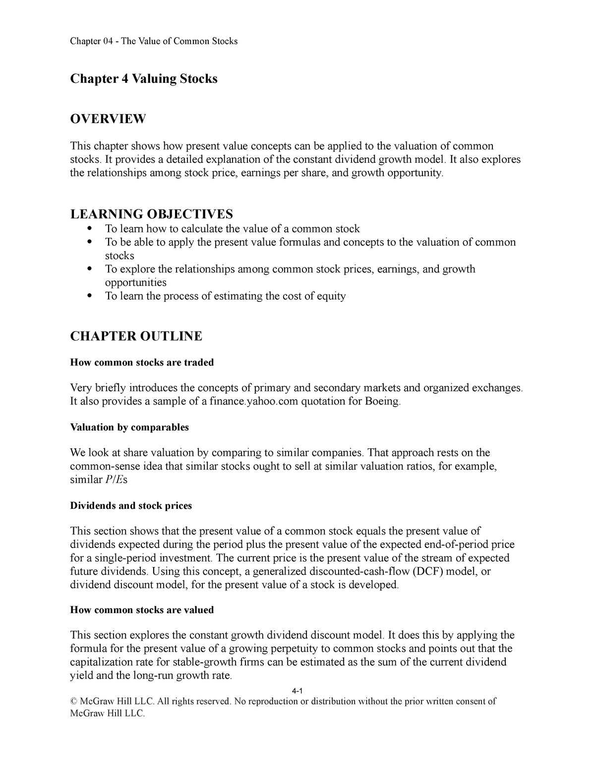 Brealey PCF 14e Chap004 IM - Chapter 4 Valuing Stocks OVERVIEW This ...