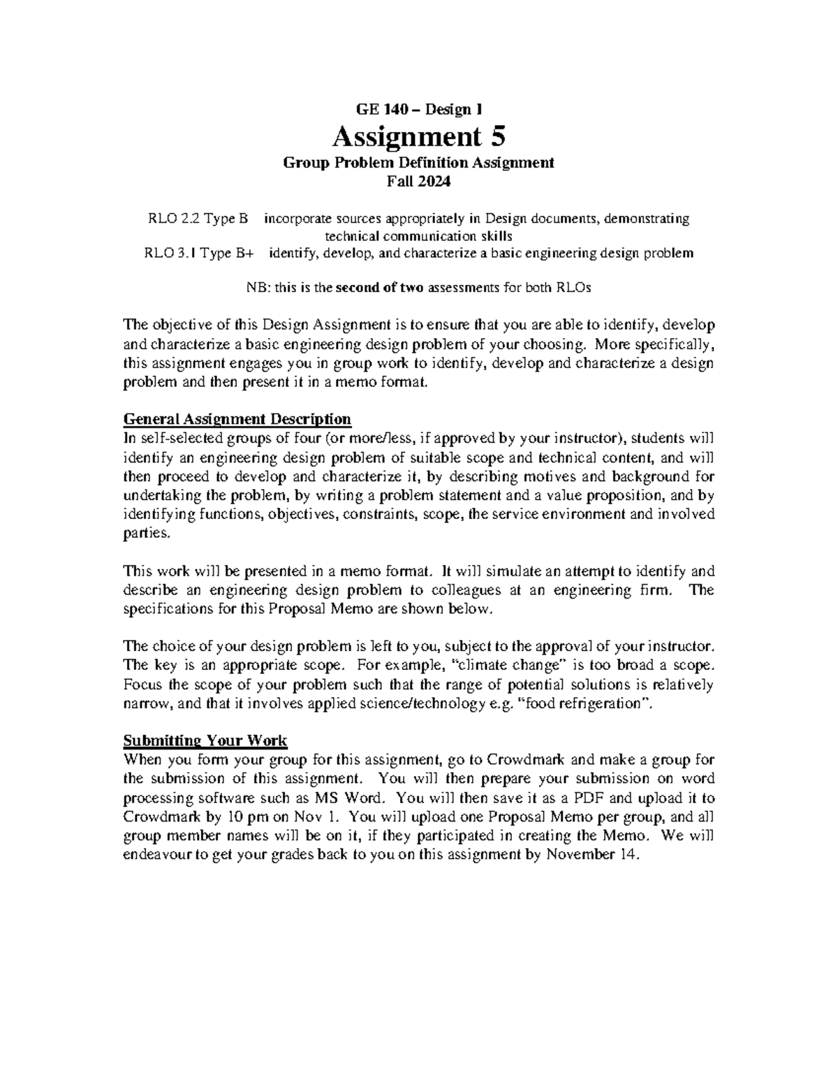 GE 140 Assignment 5 Group Problem Definition Fall 2024 GE 140