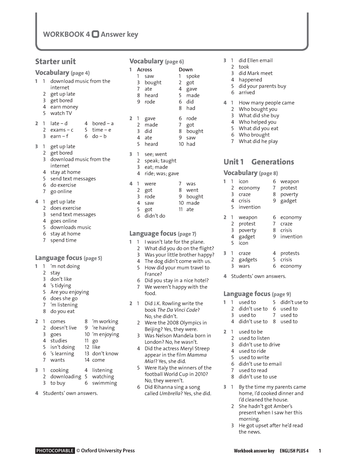 English Plus 4 Workbook Answer Key Workbook Answer Key ENGLISH PLUS 