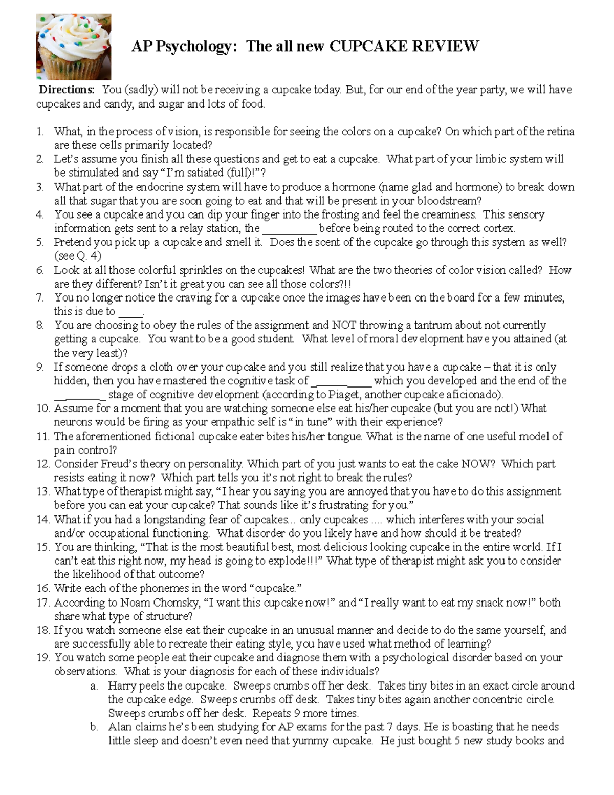 Cupcake review and answers 1 AP Psychology The all new CUPCAKE