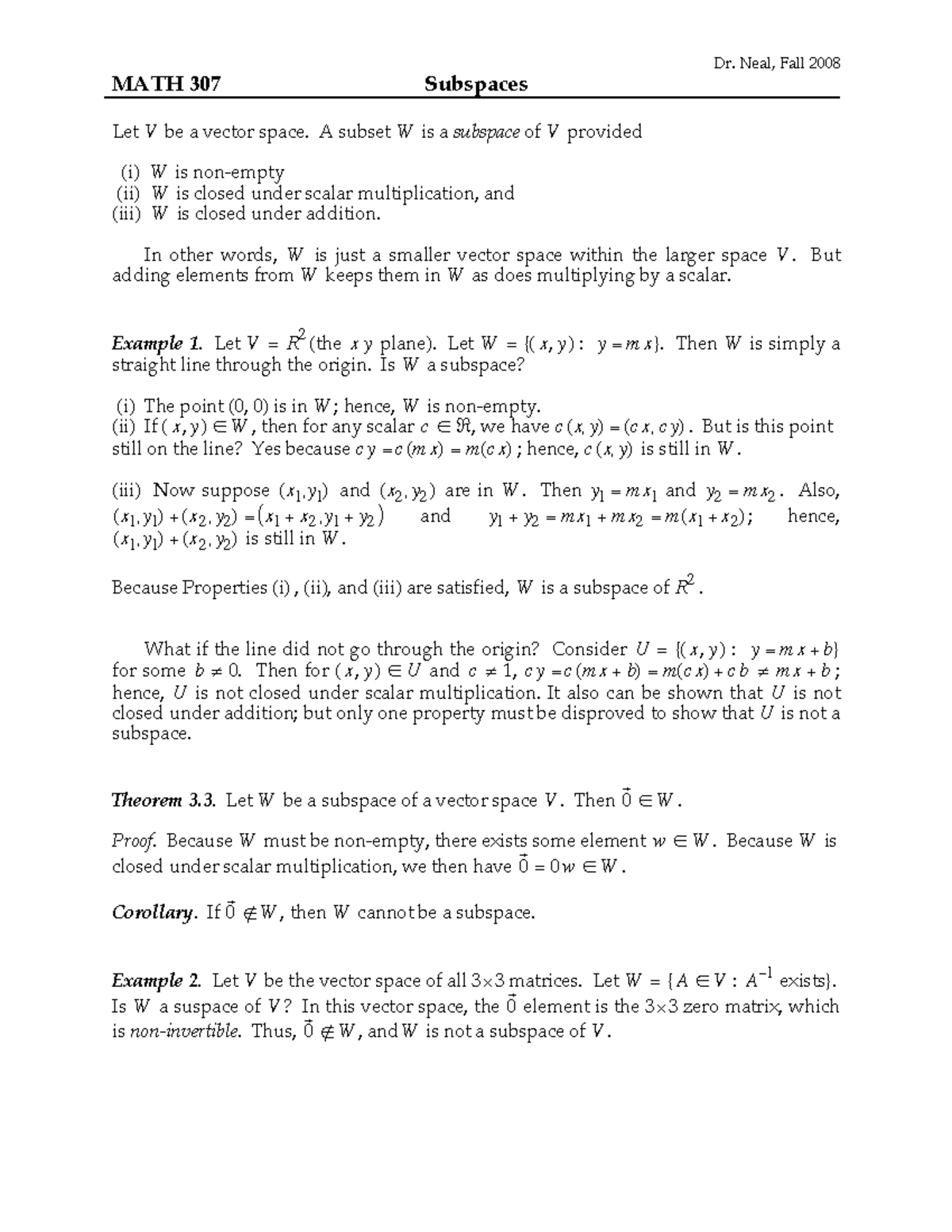 Subspaces Math 311 Linear Methods Ii Ucalgary Studocu