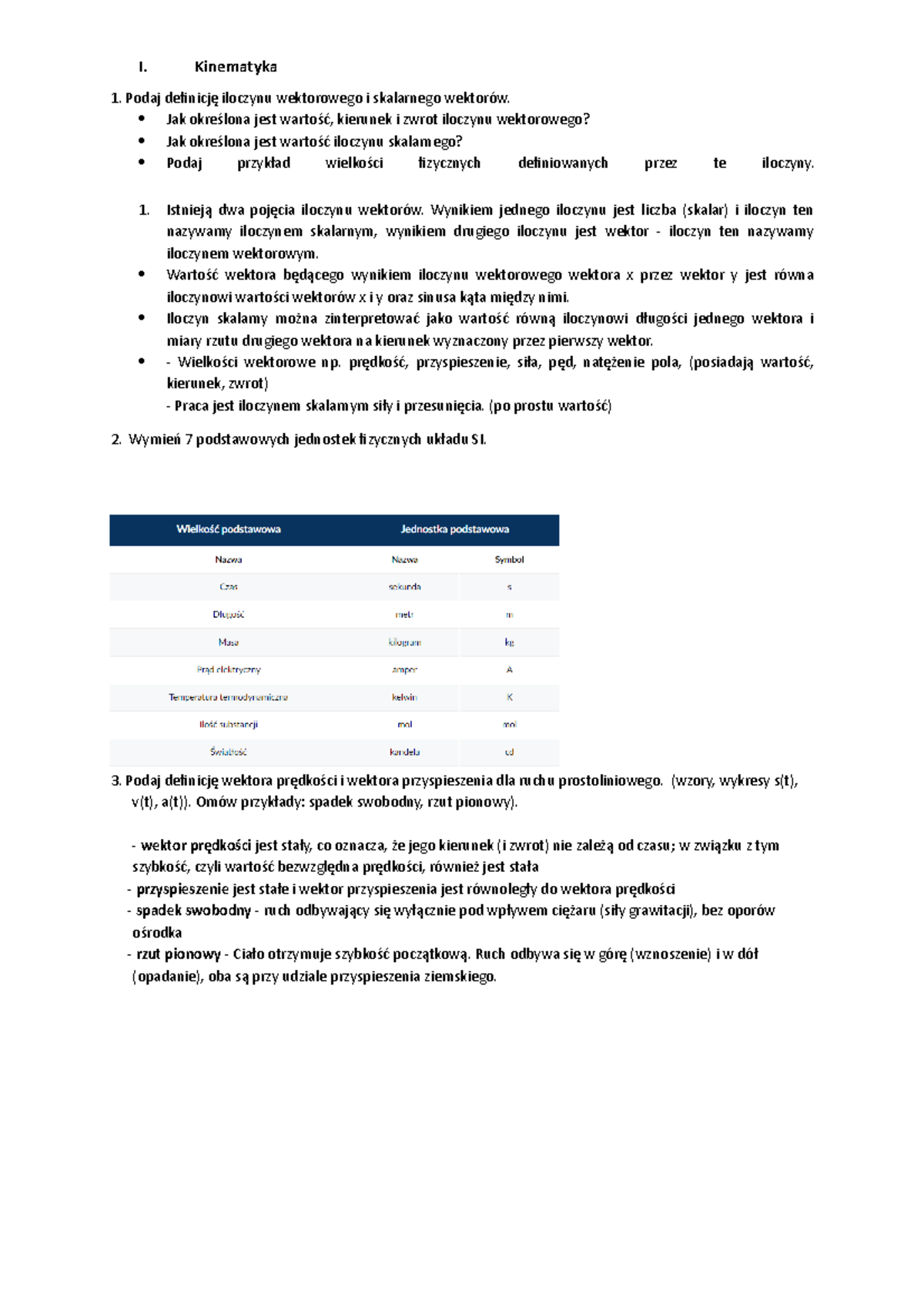 1-Kinematyka-Fizyka - Notatki - I. Kinematyka Podaj Definicję Iloczynu ...