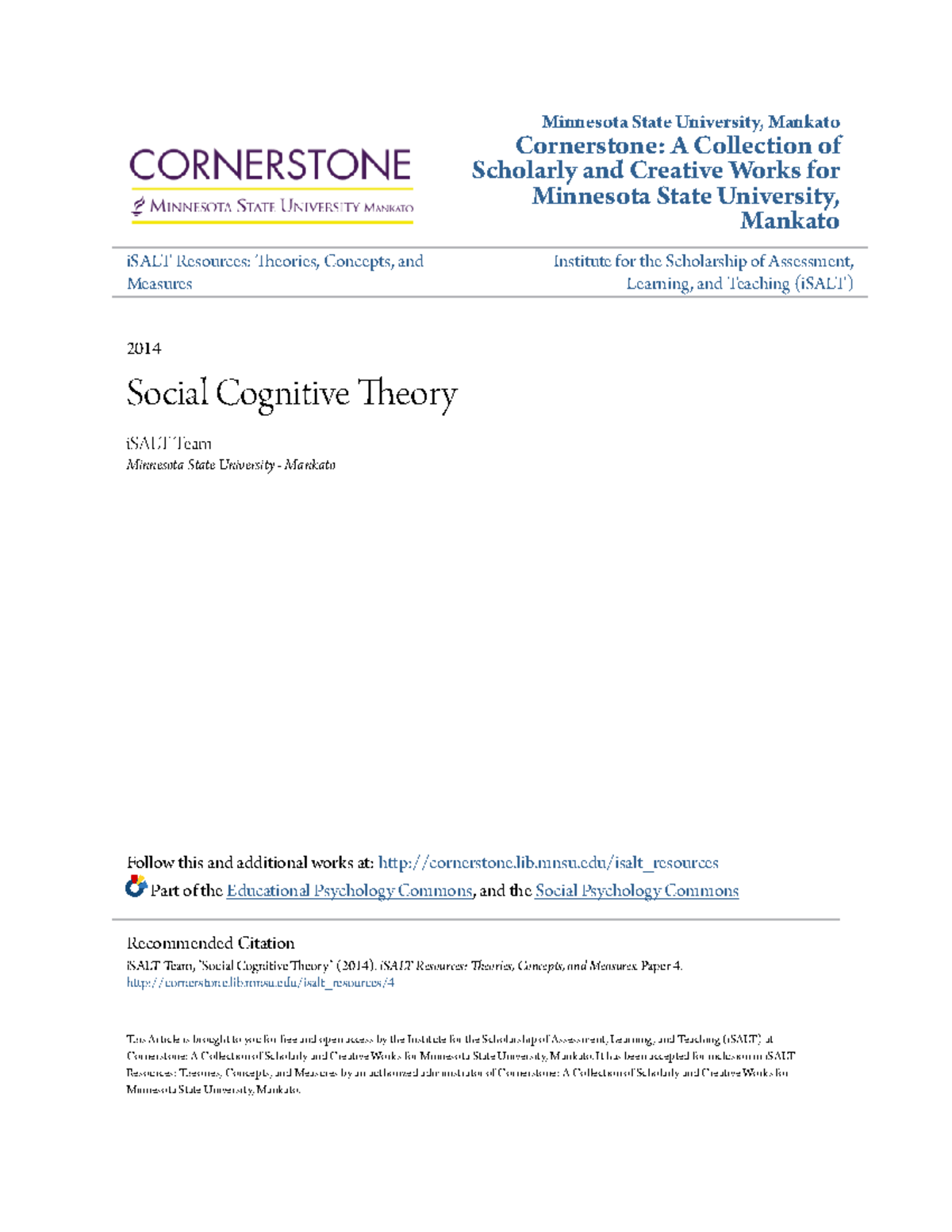 Social Cognitive Theory - Minnesota State University, Mankato Cornerstone: A Collection of ...