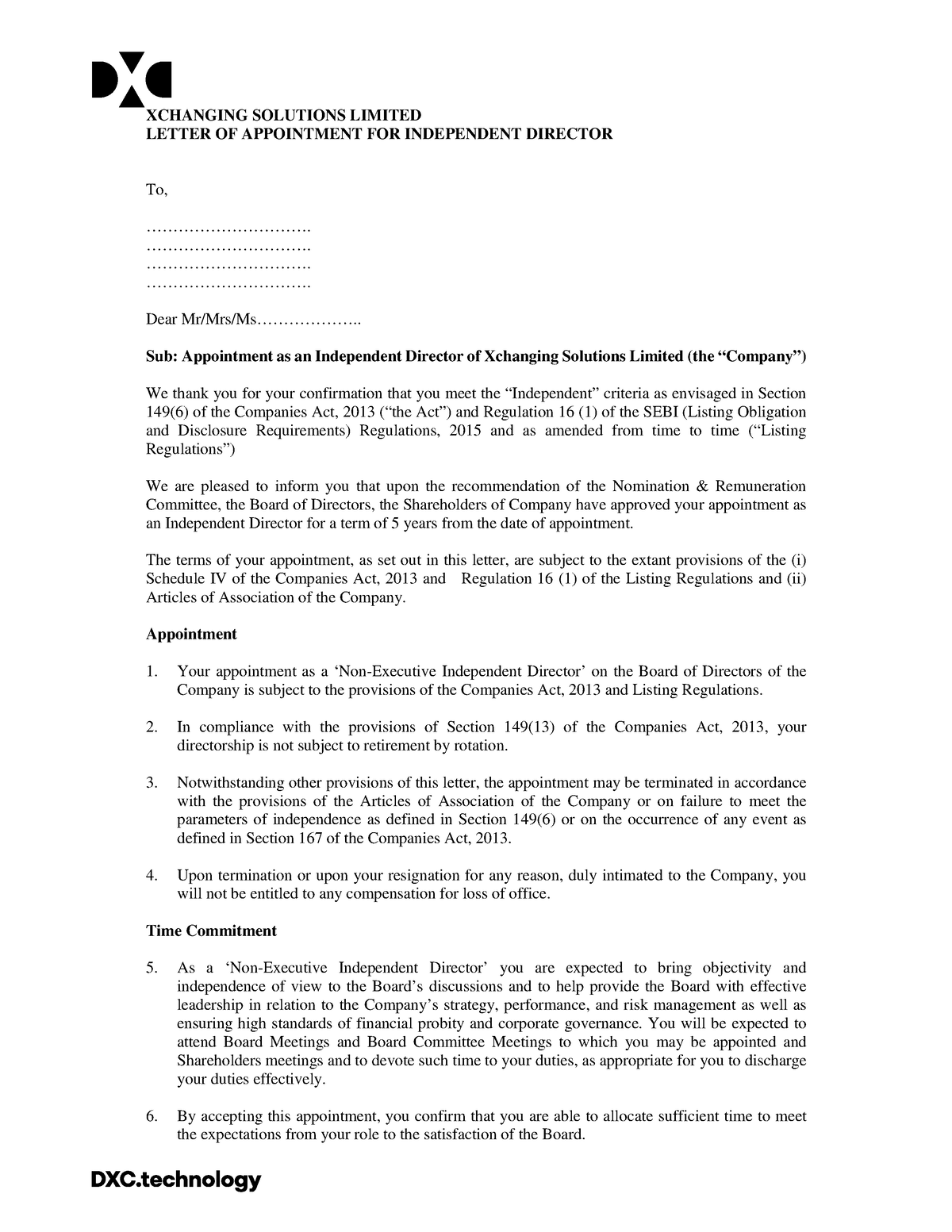 Format-of-appointment-letter-for-independent-director - XCHANGING ...