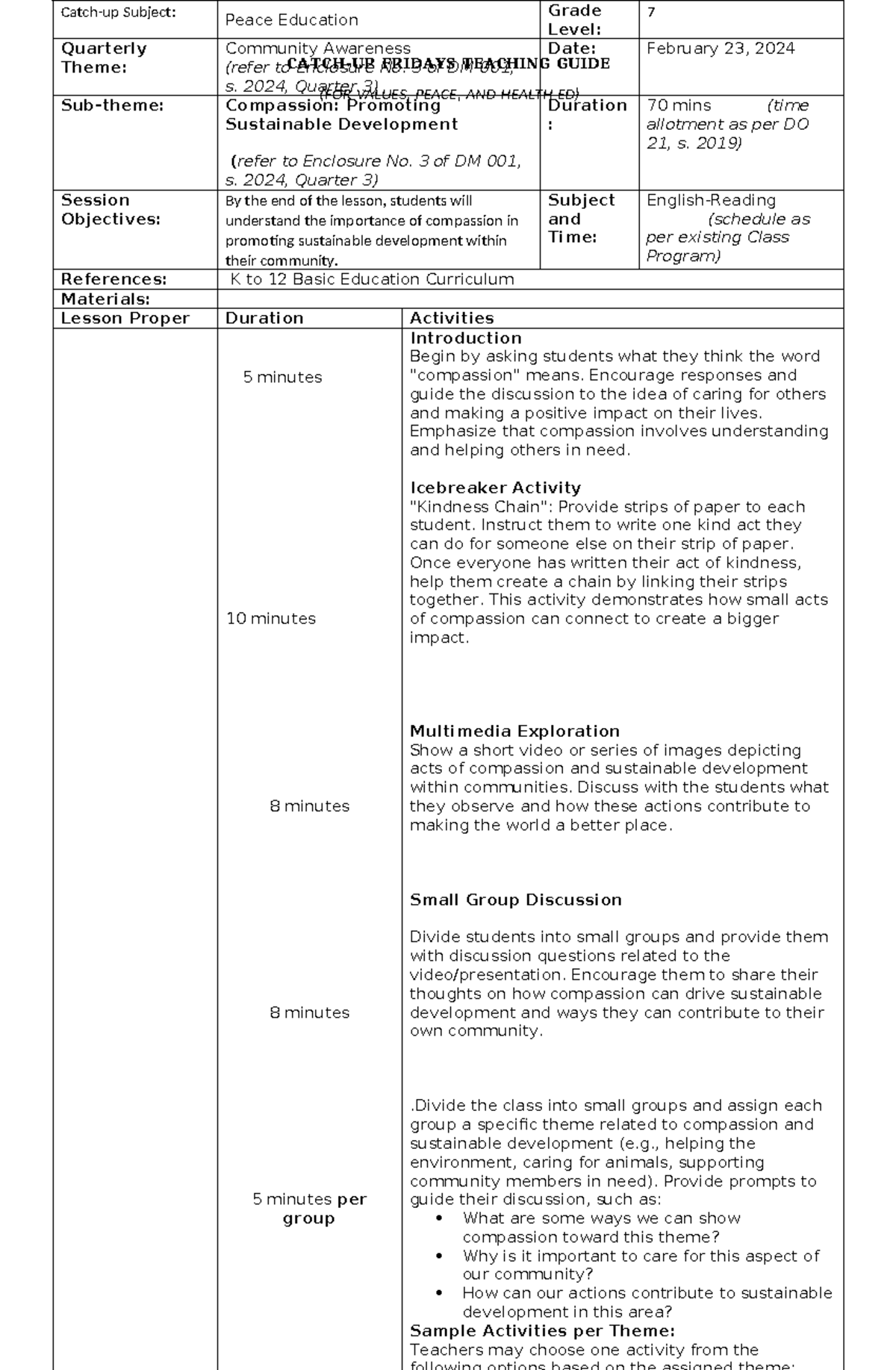 Grade 7-peace and val ed catch-up plan - Copy - CATCH-UP FRIDAYS ...
