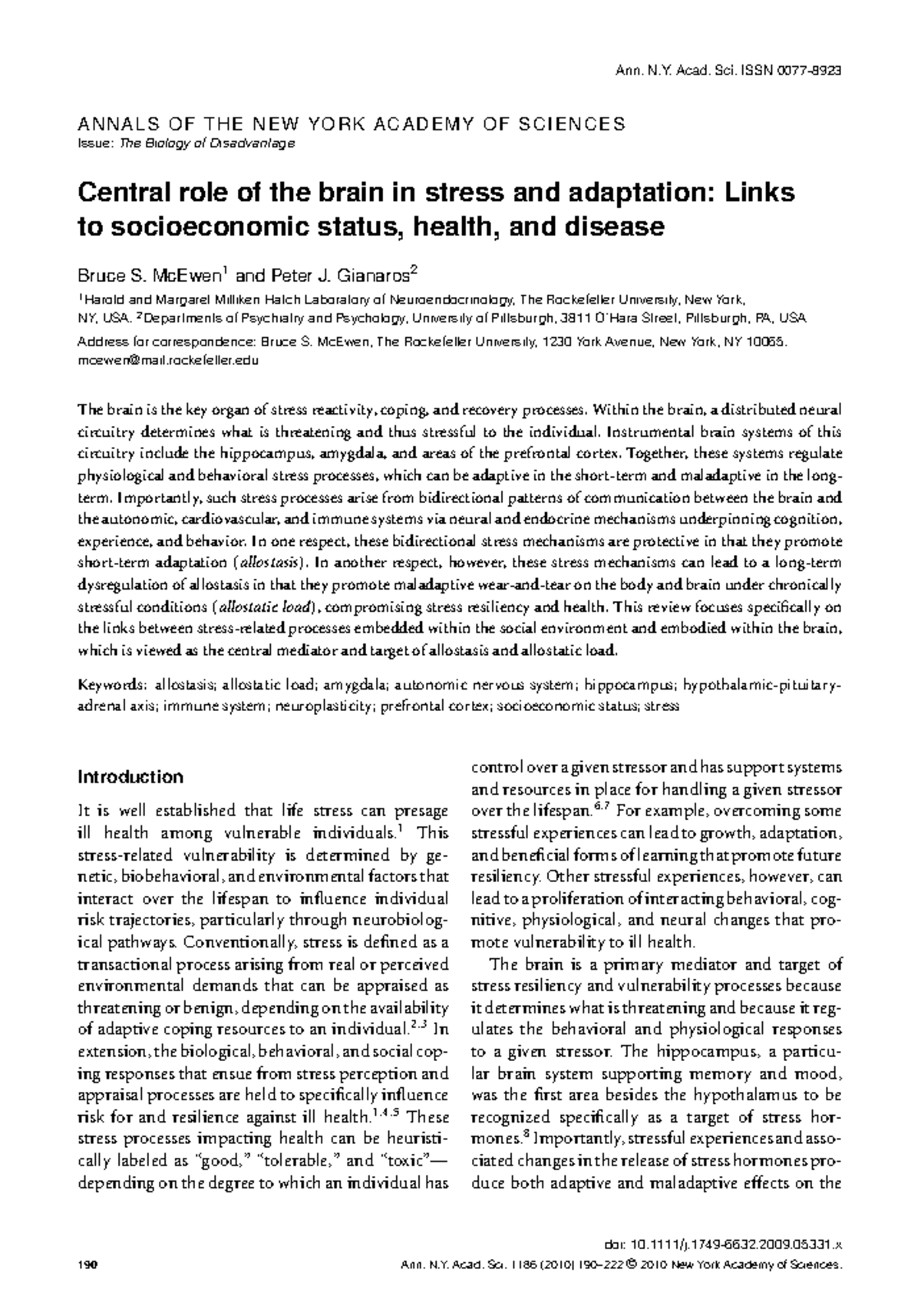 Central role of the brain in stress and adaptation Links - Ann. N. Acad ...
