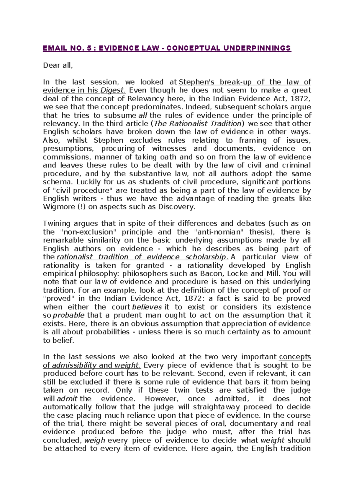 Email No 5- Evidence Law - EMAIL NO. 5 : EVIDENCE LAW - CONCEPTUAL ...