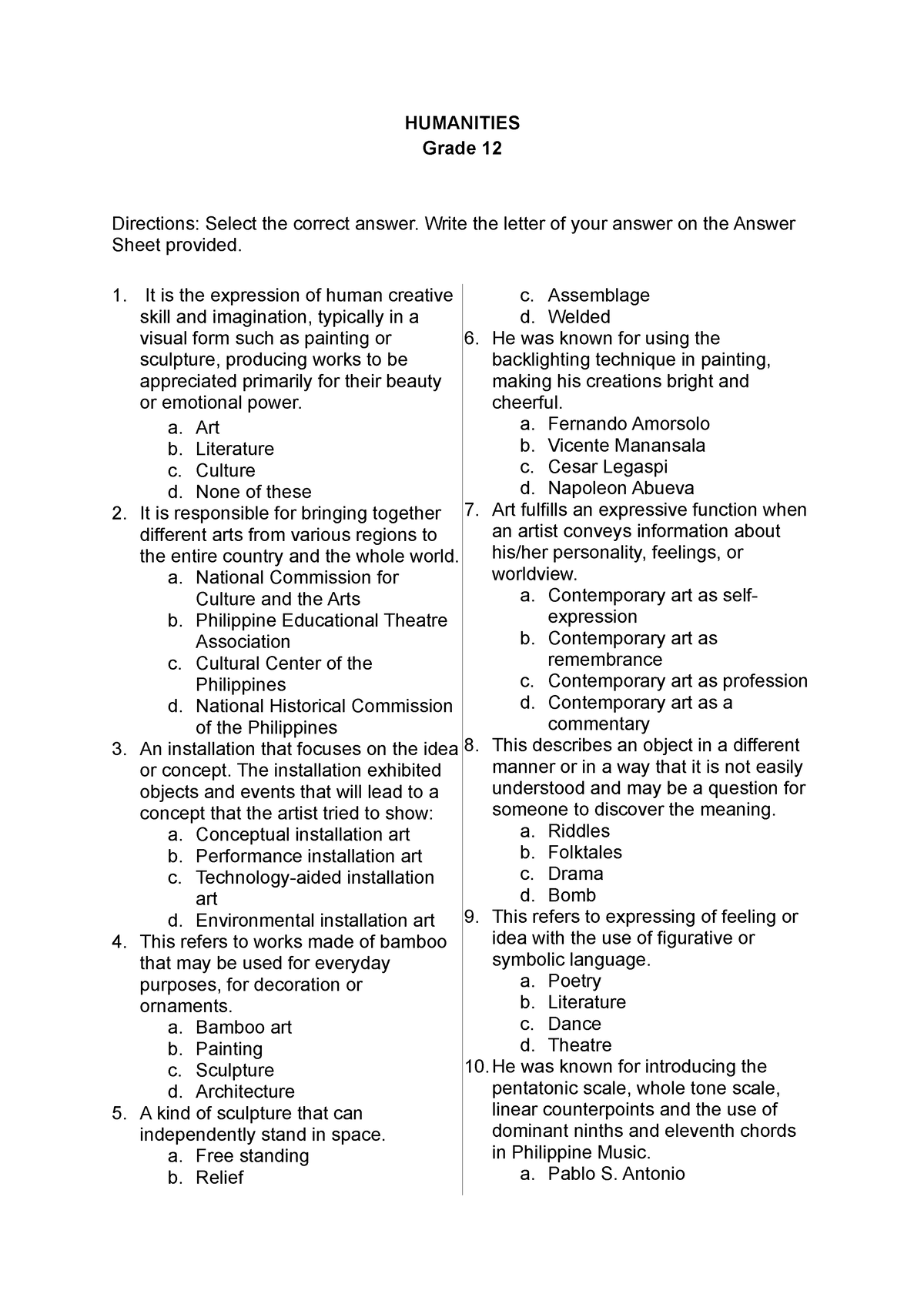 Humanities NOT Answer KEY - HUMANITIES Grade 12 Directions: Select The ...