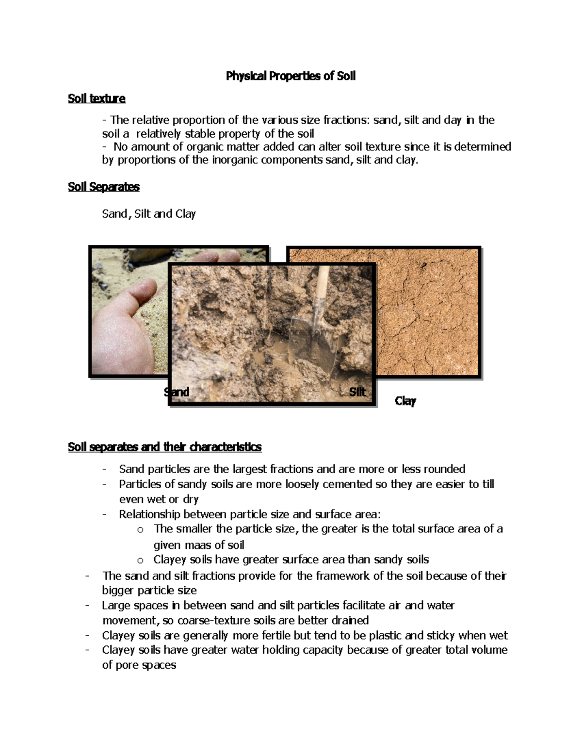 Physical Properties of Soil Soil Separates Sand, Silt and Clay Soil separates and their Studocu