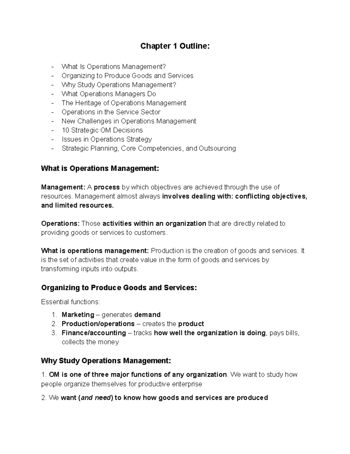 GMS 401 Chapter 1 Notes - Chapter 1 Outline: What Is Operations ...