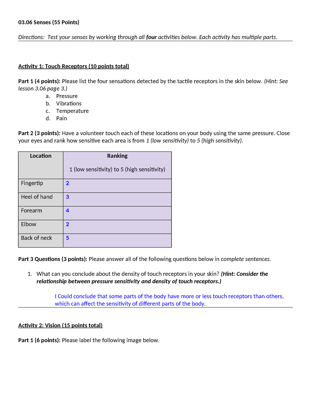 Senses 3.06 Done - 03 Senses (55 Points) Directions: Test Your Senses ...