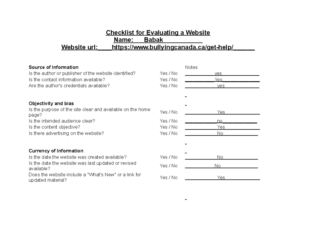 Copy of Checklist - heres some answers - Checklist for Evaluating a ...