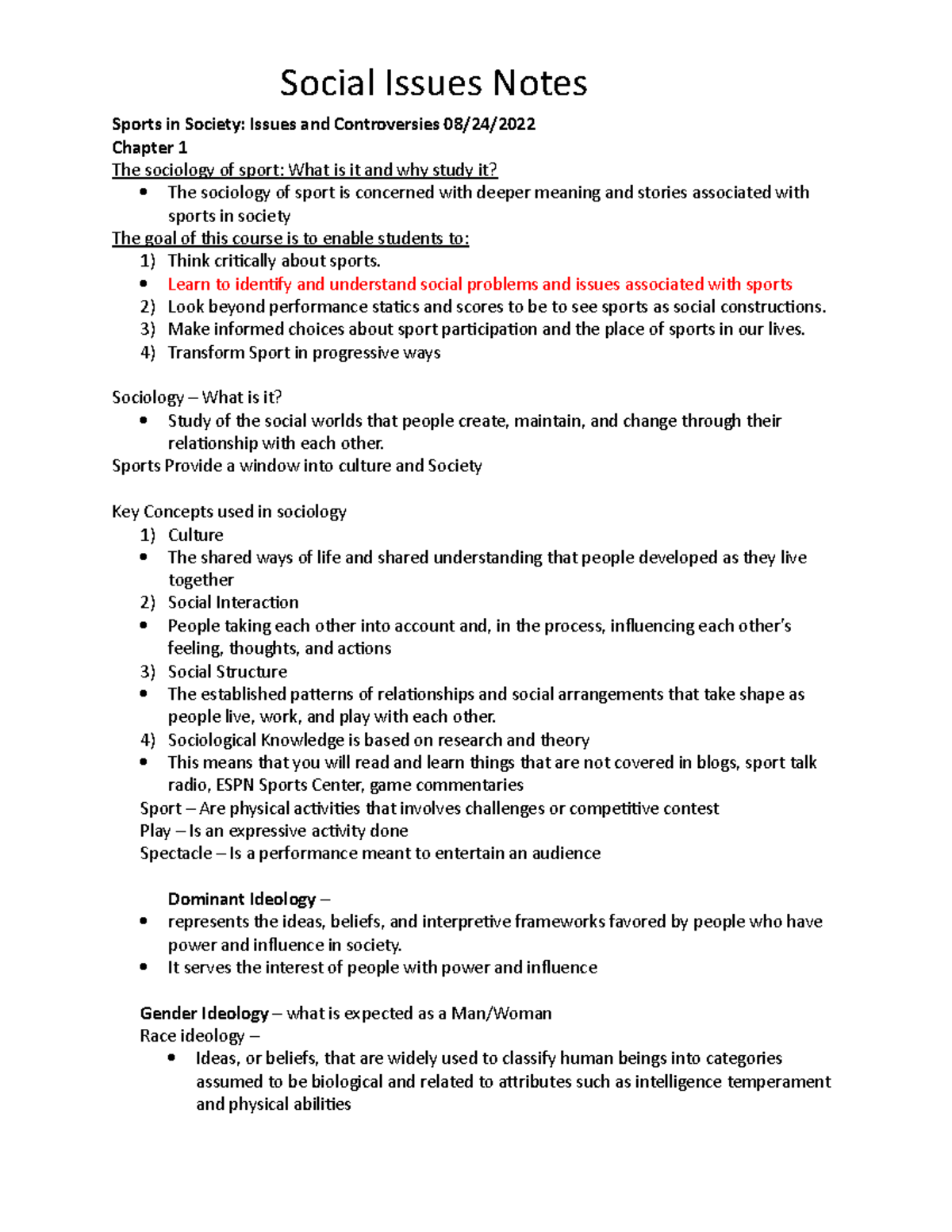 Social in sports Notes Social Issues Notes Sports in Society Issues