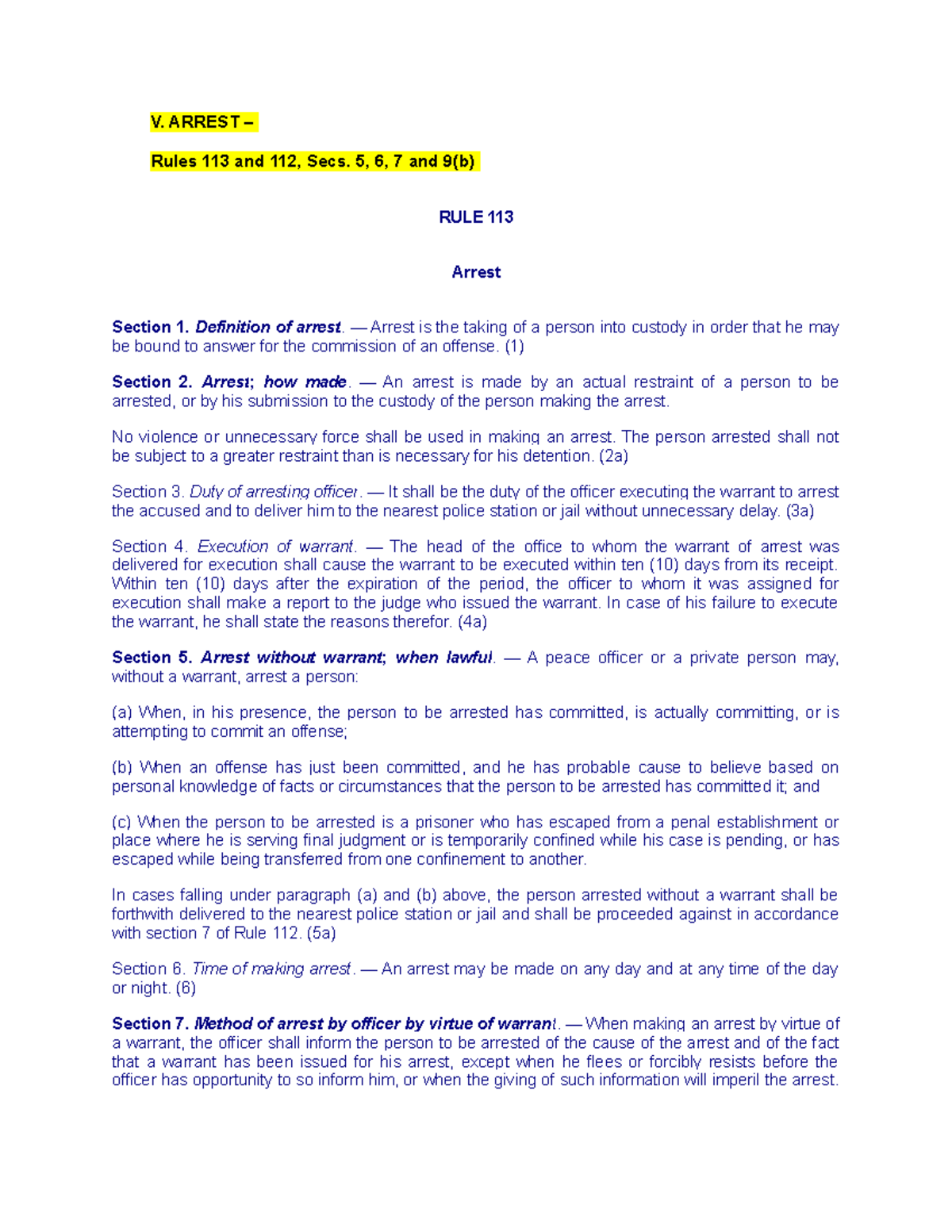 Arrest - Crim pro recit - V. ARREST – Rules 113 and 112, Secs. 5, 6, 7 ...