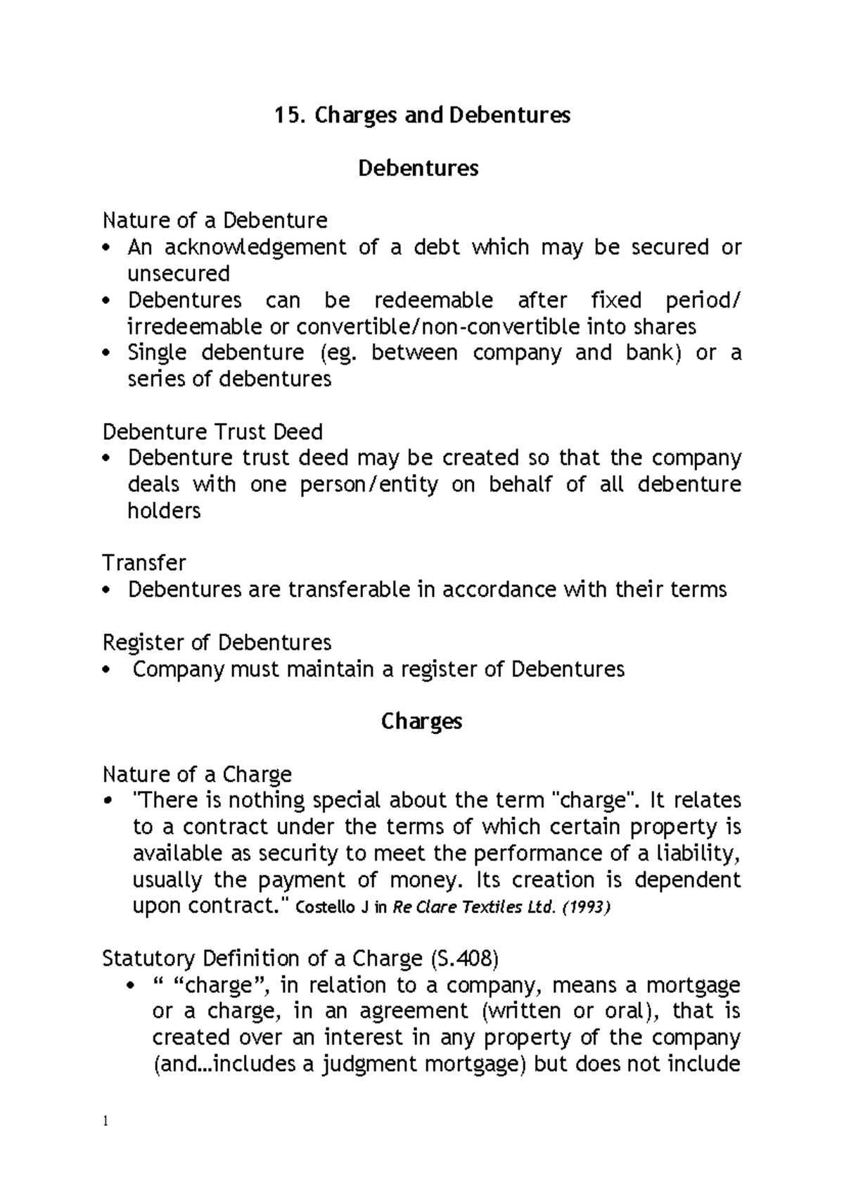 Company LAW 4 Lecture notes 6 15. Charges and Debentures Debentures