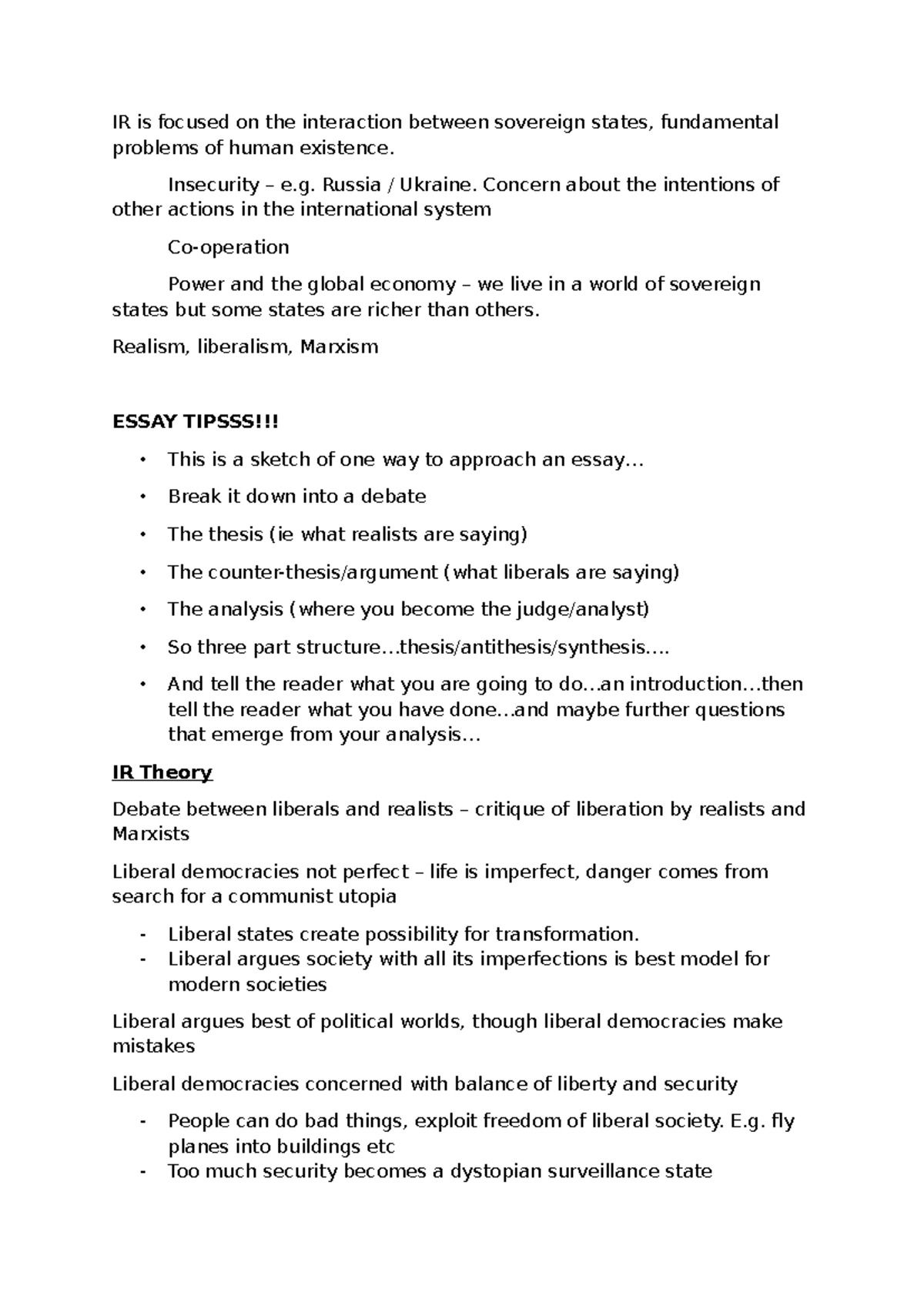 IR Theory - first topic notes - IR is focused on the interaction ...