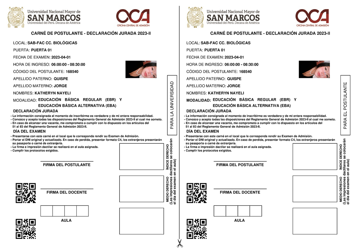 Declaracion Jurada Unmsm CarnÉ De Postulante DeclaraciÓn Jurada 2023 Ii Local Sab Fac Cc 0118