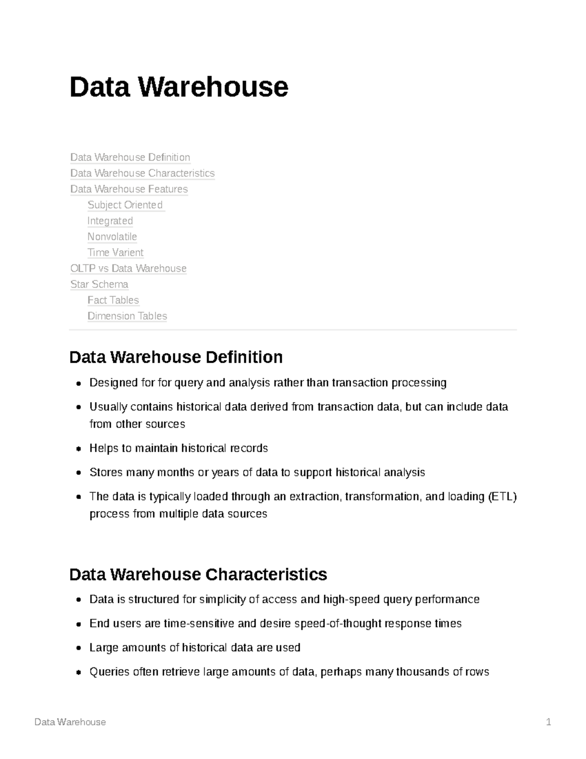 Infosys 222 - Data Warehouse Notes - Data Warehouse Data Warehouse ...