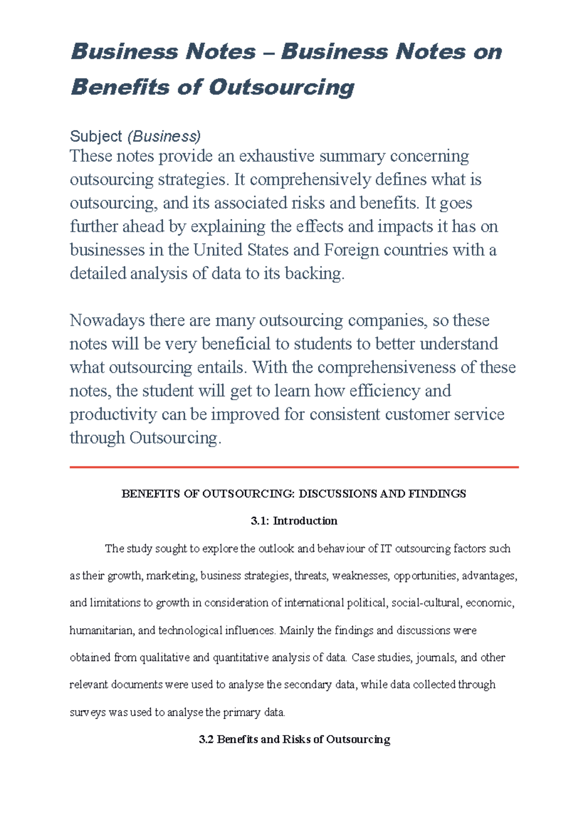 Benefits of Outsourcing Business Notes Business Notes on Benefits