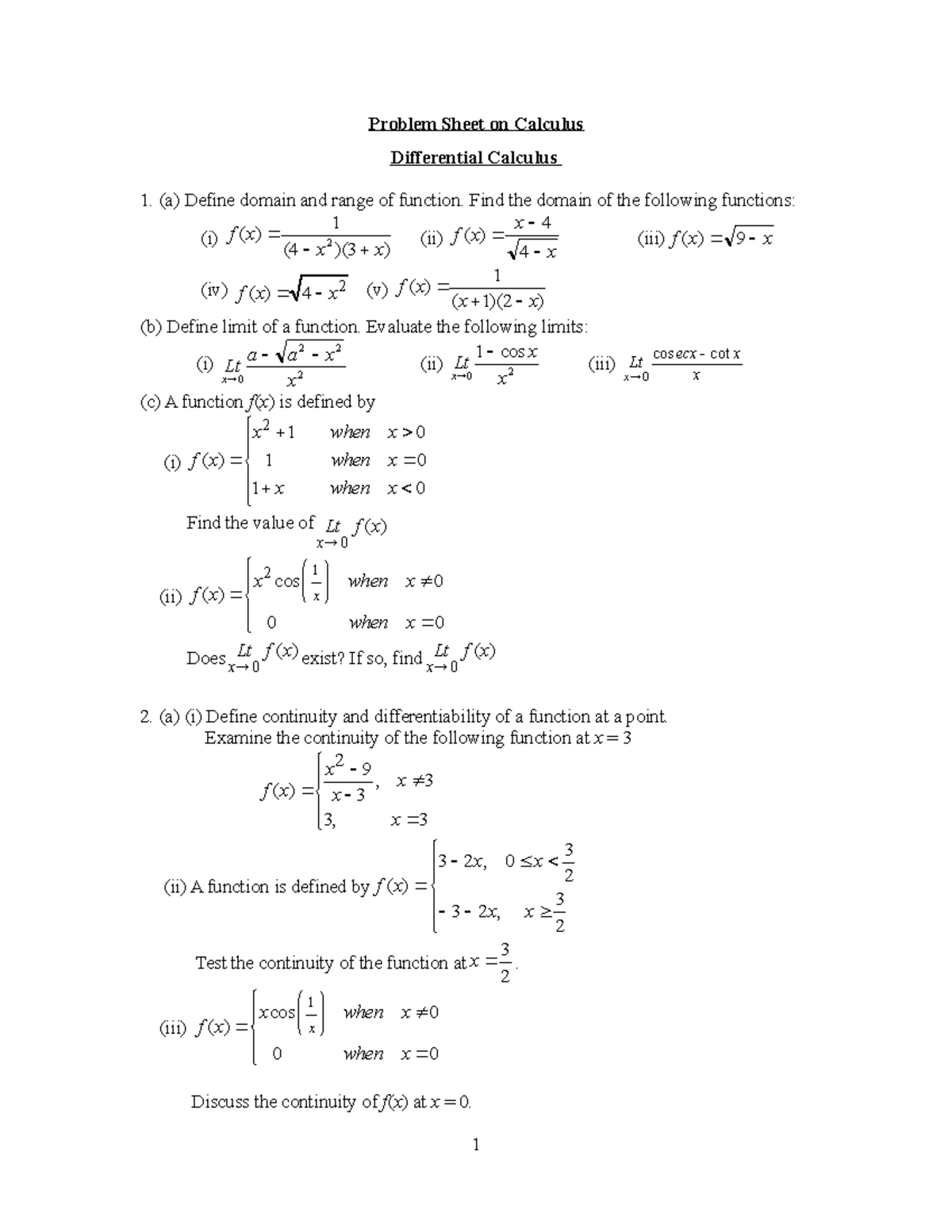 Problem Sheet 22 Problem Sheet on Calculus Differential Calculus (a