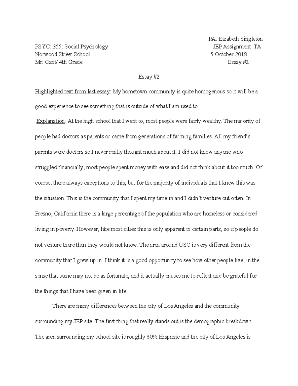 Jep 2 second essay for JEP PA Eizabeth Singleton PSYC 355 Social