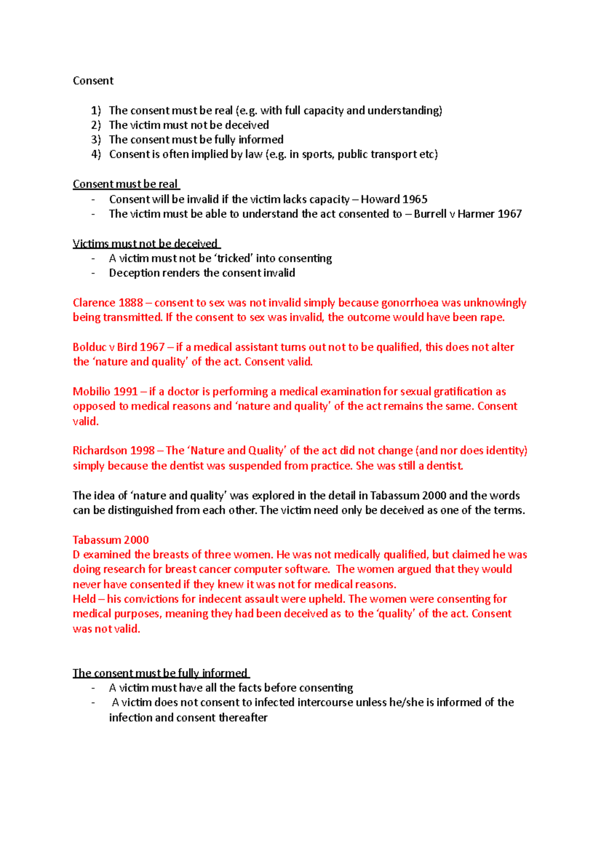 Consent Consent The Consent Must Be Real E With Full Capacity And Understanding The Victim Must Studocu