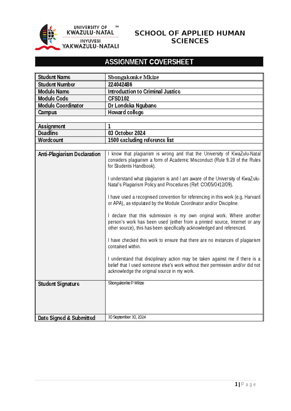Sbongas crim assignment - SCHOOL OF APPLIED HUMAN SCIENCES ASSIGNMENT ...