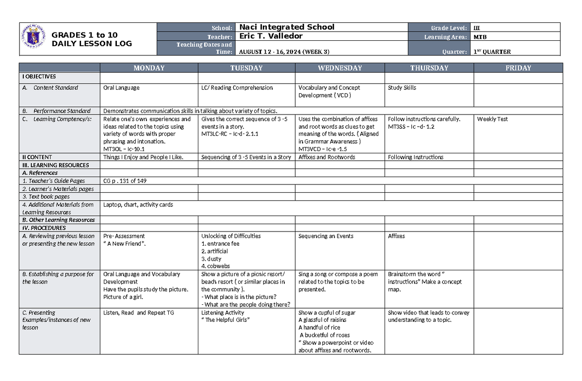 DLL MTB 3 Q1 W3 - feel free to download - GRADES 1 to 10 DAILY LESSON ...
