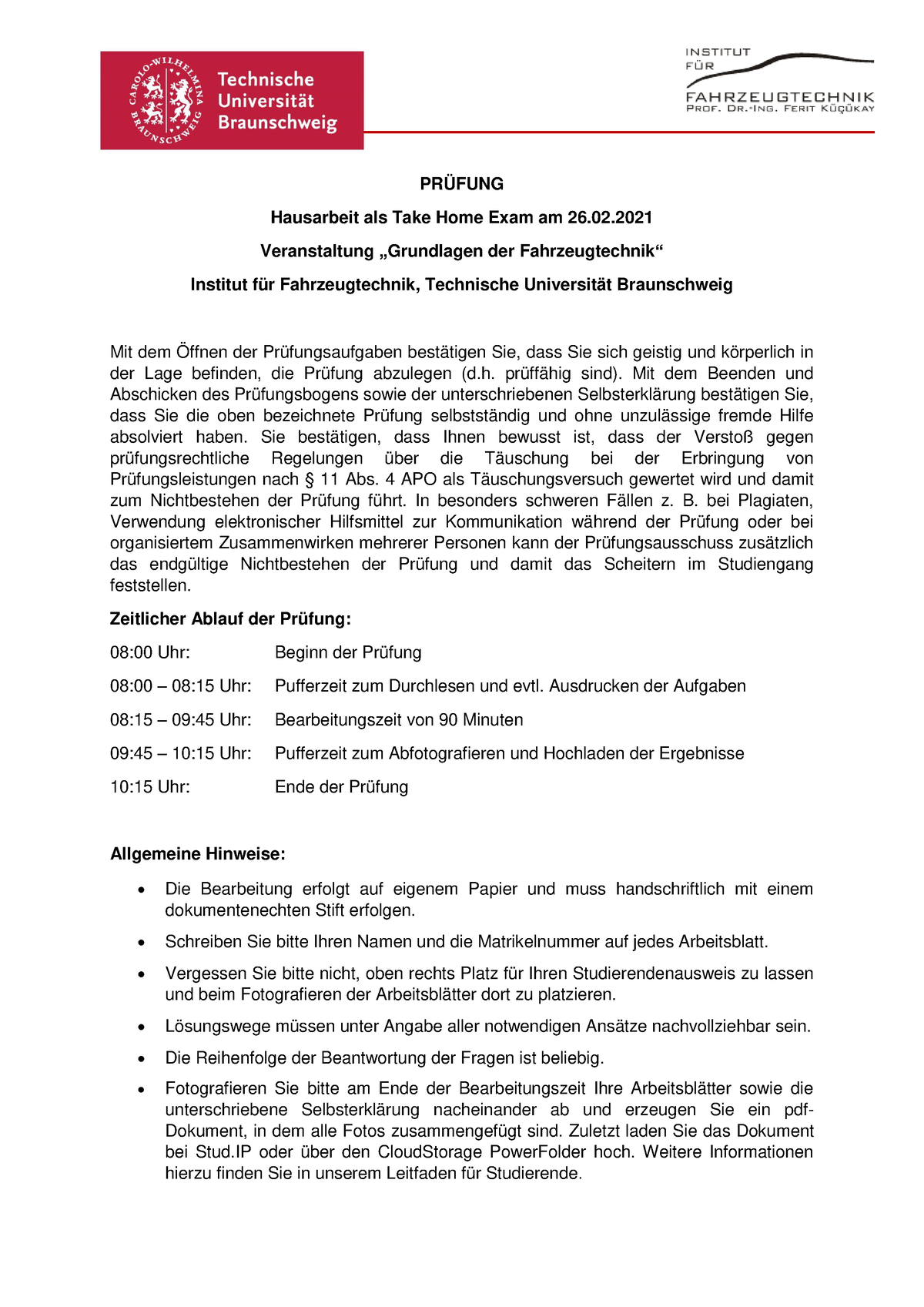 1 Take Home Exam Grundlagen Der Fahrzeugtechnik WS2021 - PRÜFUNG ...