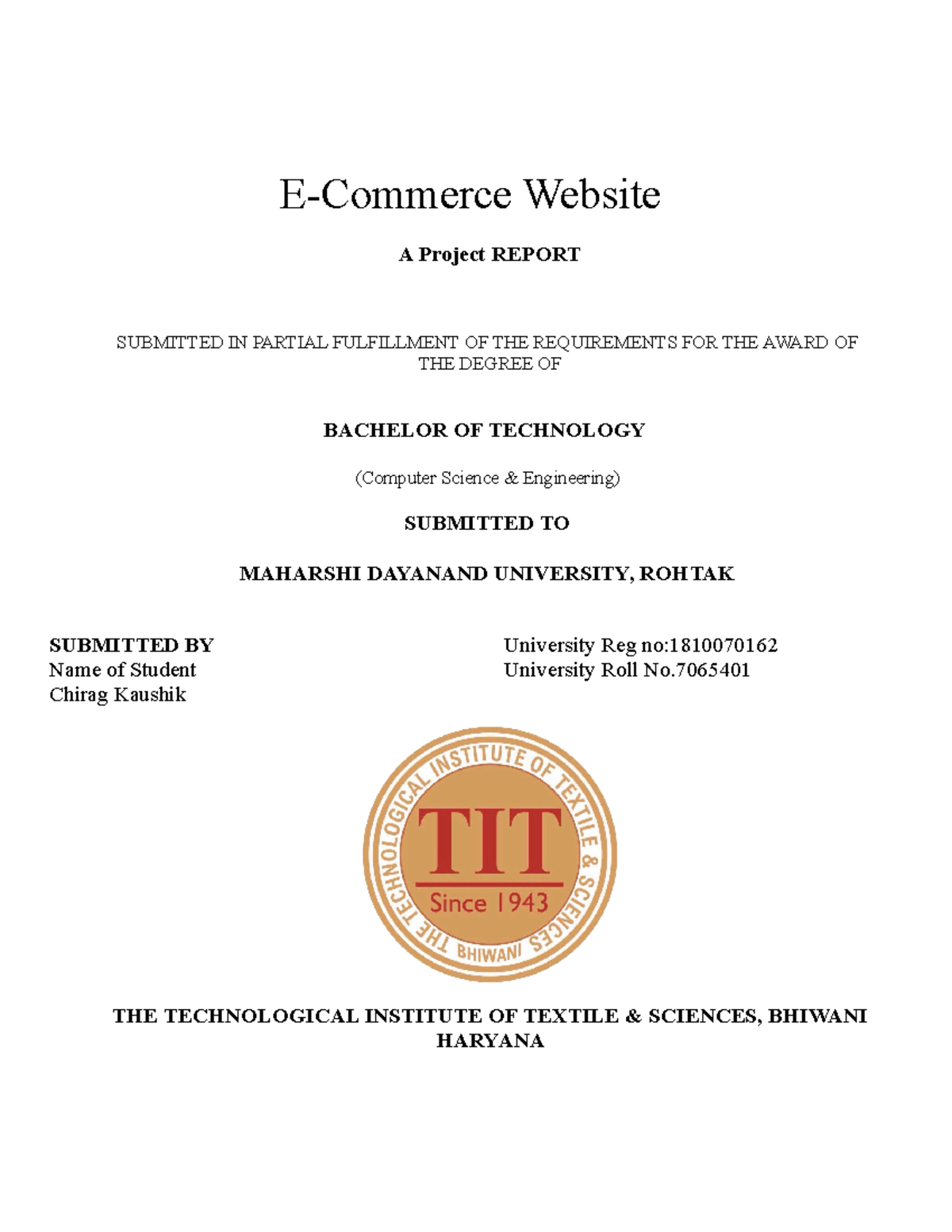 Project report - bhv - E-Commerce Website A Project REPORT SUBMITTED IN ...