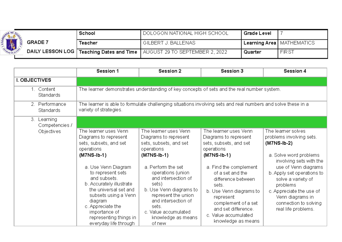 WEEK-2 - LESSON PLAN IN MATHEMATICS 7 DAILY LESSON PLAN FOR THE FIRST ...