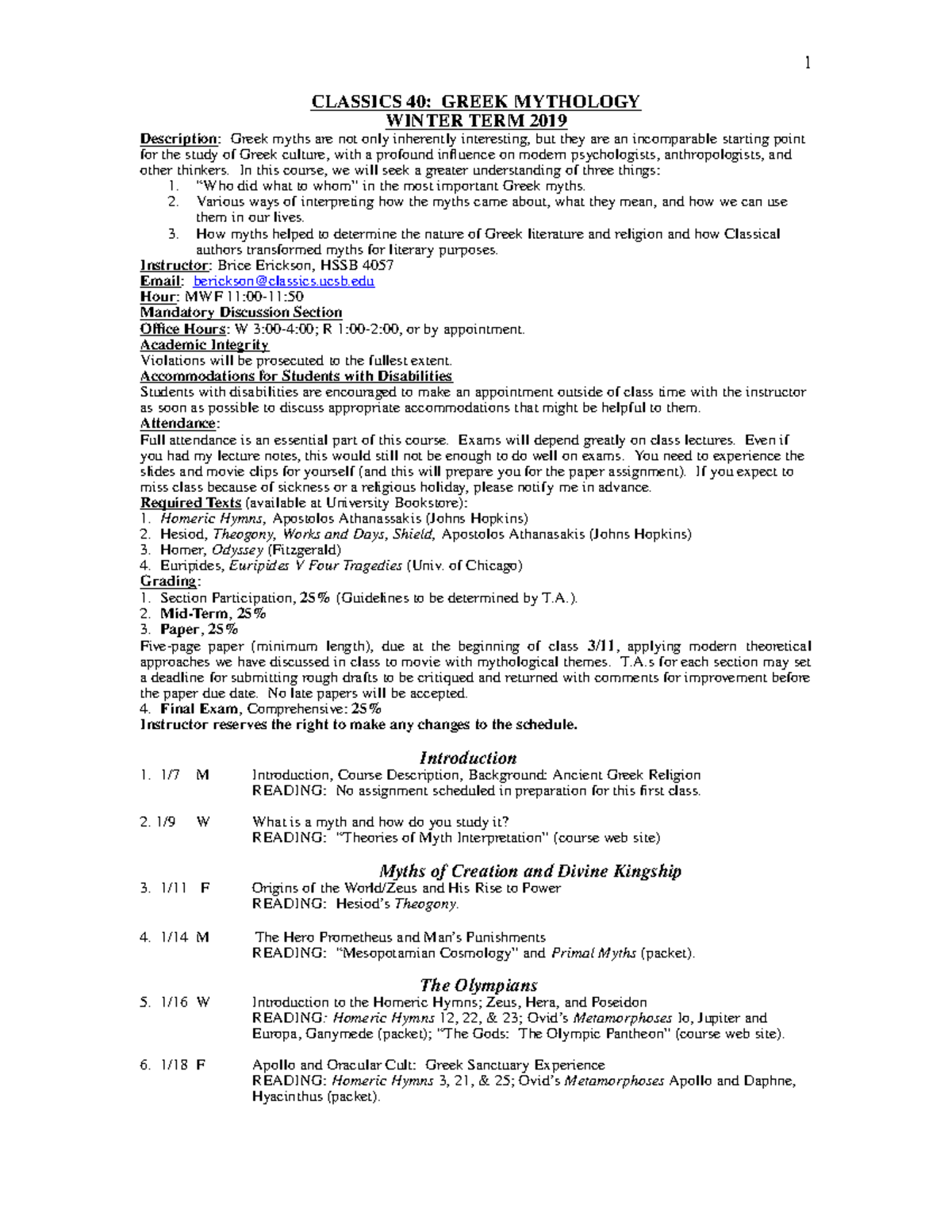 SyllabusMyth Winter 20193 CLASSICS 40 GREEK MYTHOLOGY WINTER TERM