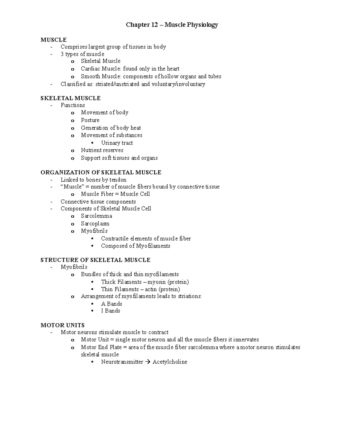 Chapter 12 Typed Notes - Chapter 12 – Muscle Physiology MUSCLE ...