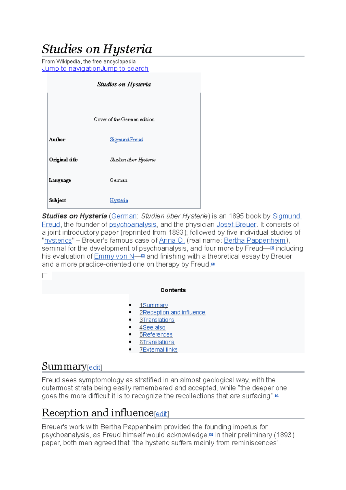 Studies on Hysteria (1895) Studies on Hysteria From Wikipedia, the