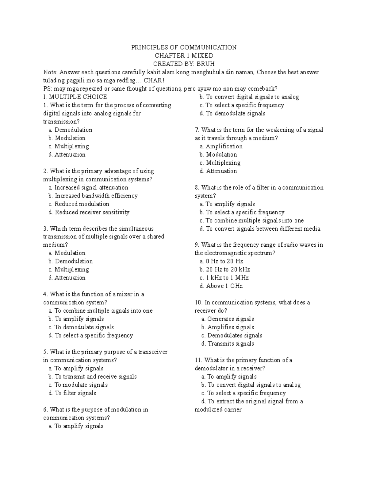 Sample EXAM Principles OF Communication PART 1 - PRINCIPLES OF ...