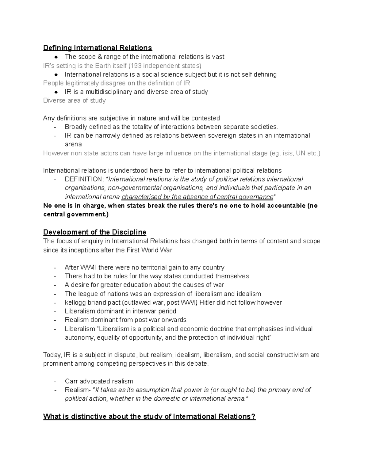 POLS104 Lecture 2 Defining IR - Defining International Relations The ...