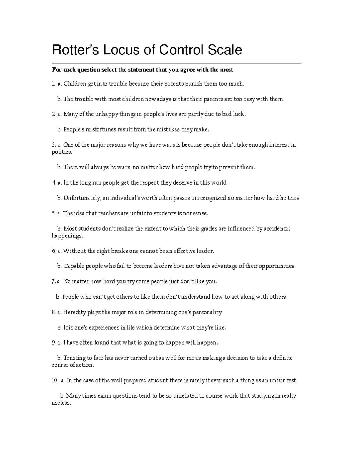 Rotterlocusofcontrolhandout Rotter's Locus of Control Scale For each