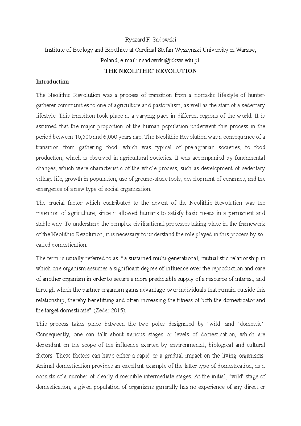 Neolithic Revolution - University of Delhi - Ryszard F. Sadowski ...