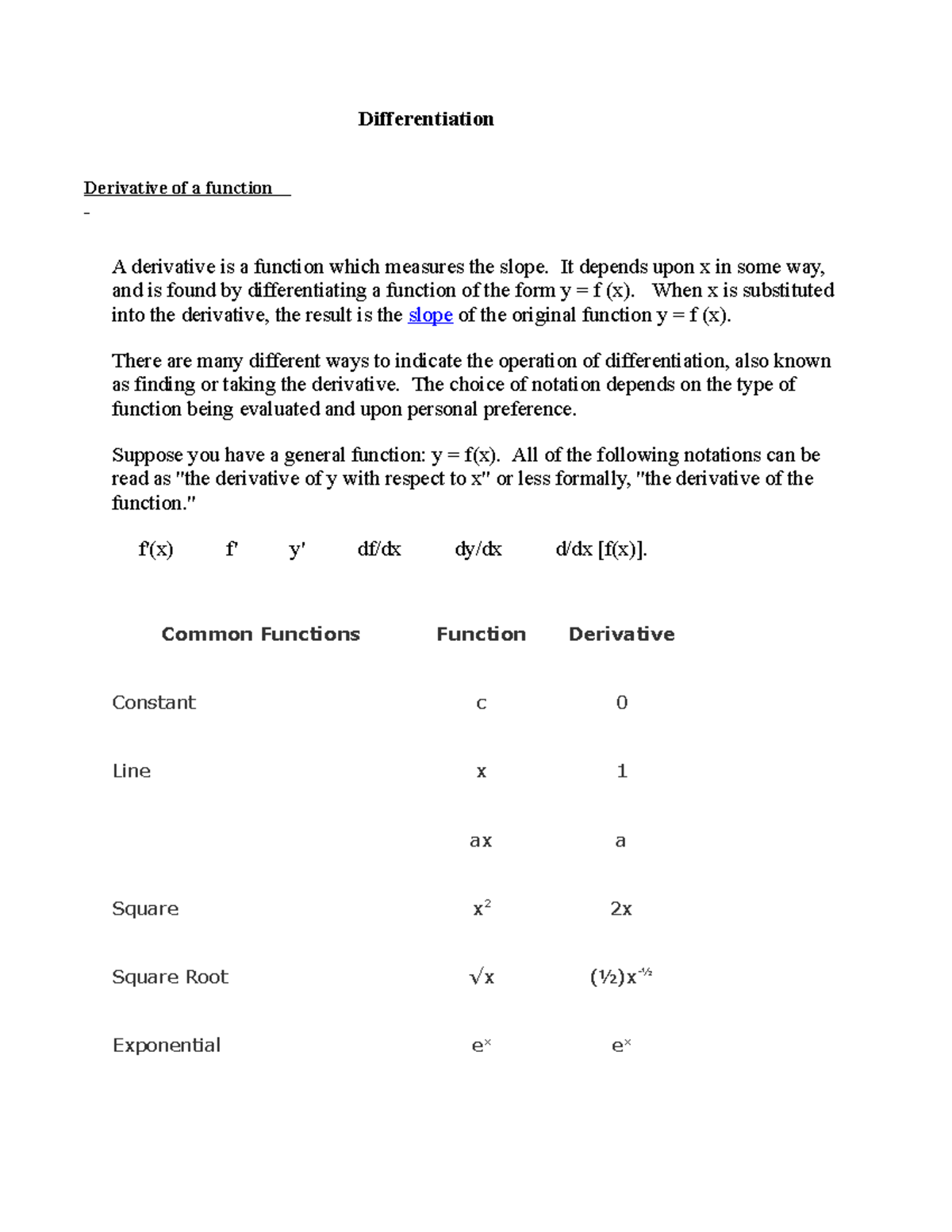 Differentiation - Differentiation Derivative of a function A derivative ...