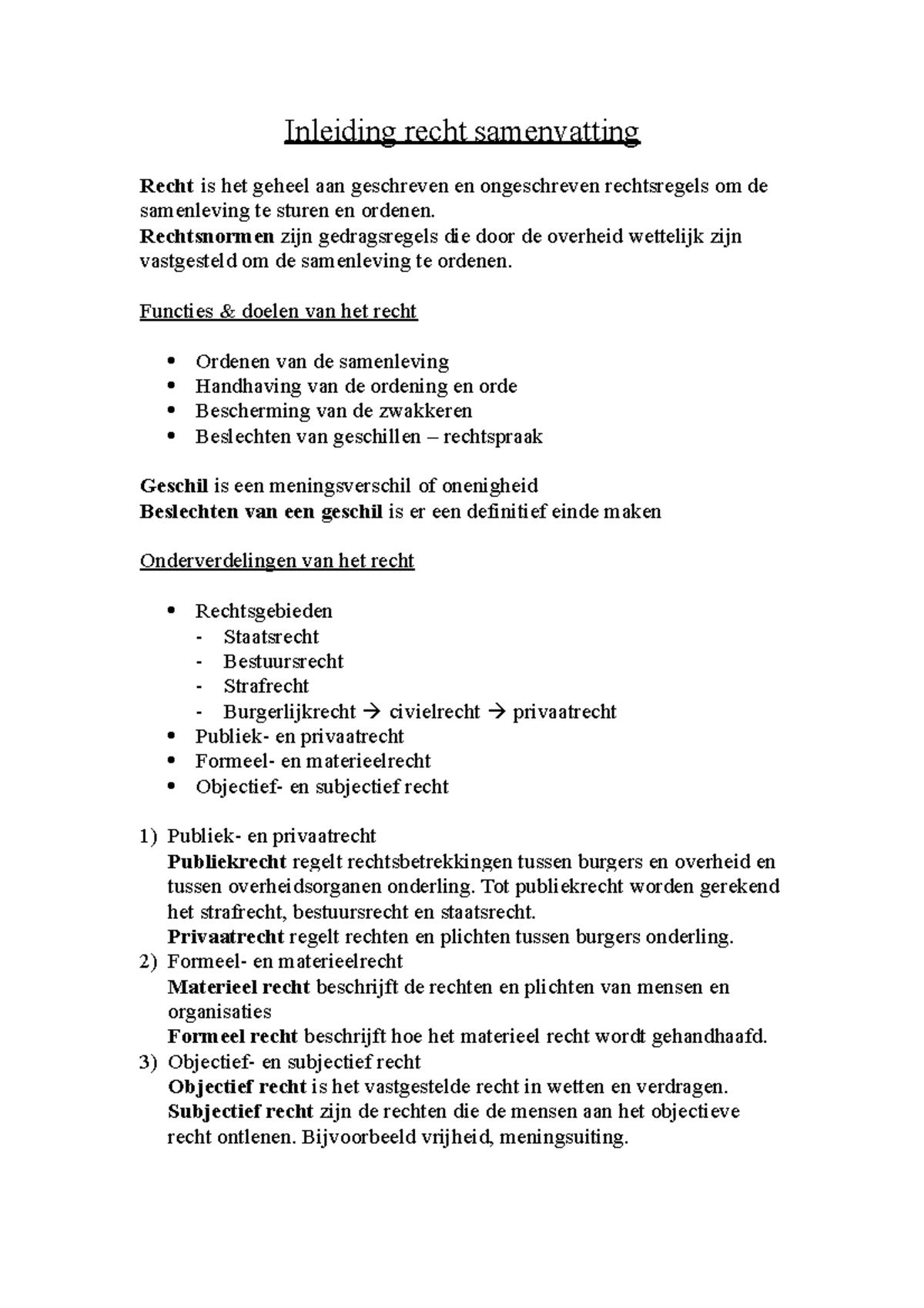 Samenvatting - Beknopte Samenvatting - Inleiding Recht Samenvatting ...