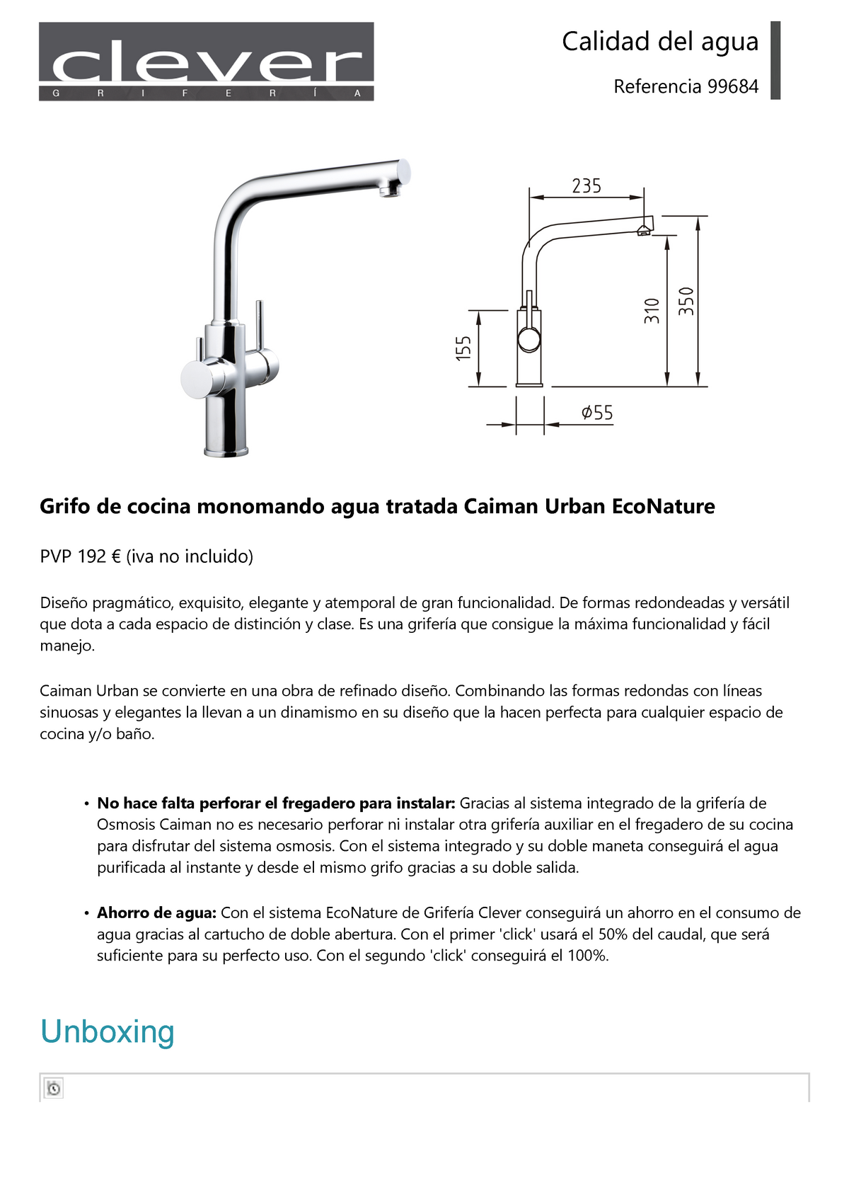Grifo de cocina monomando agua tratada Caiman Urban EcoNature - Clever -  99684