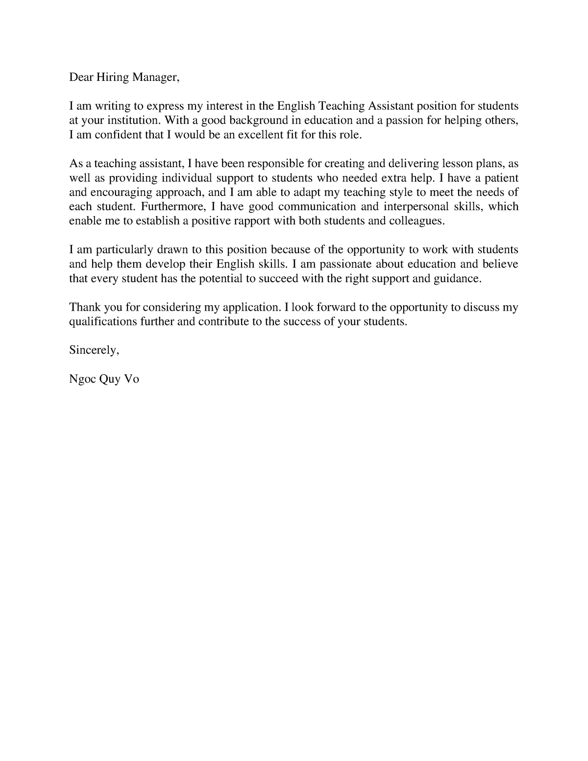 Cover Letter - fdfaasdfa - Dear Hiring Manager, I am writing to express my  interest in the English - Studocu